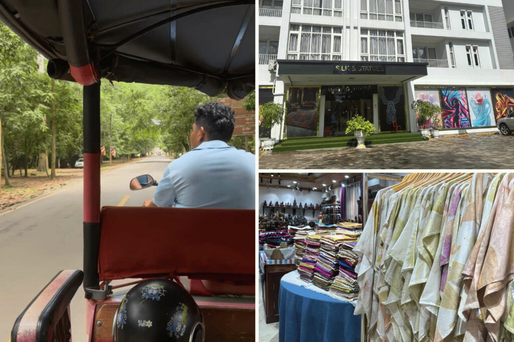 conducteur de tuktuk et façades de boutiques dans lesquelles il obtient une commission