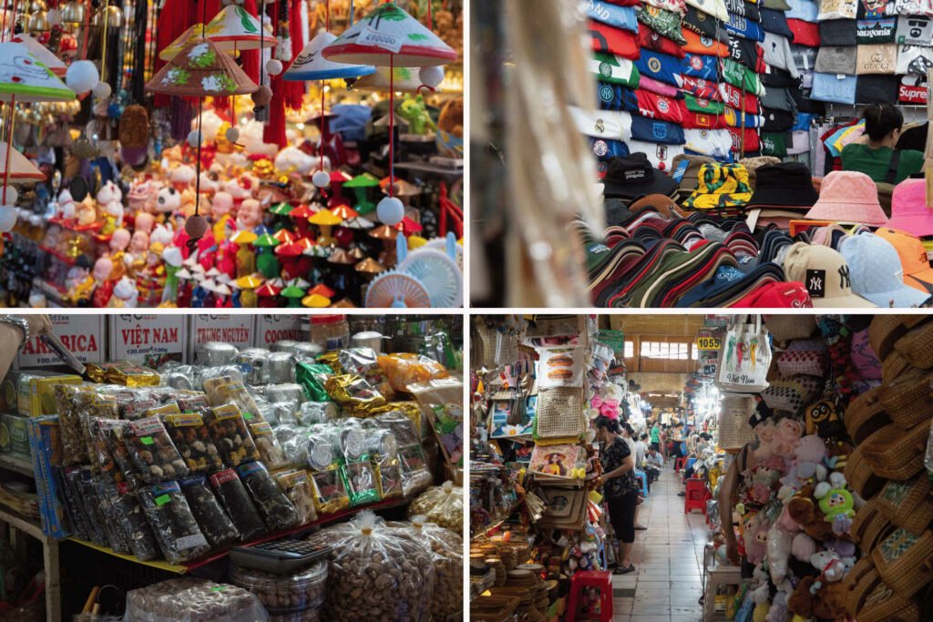marché touristique typique d'Asie du Sud-Est avec des stands de souvenirs