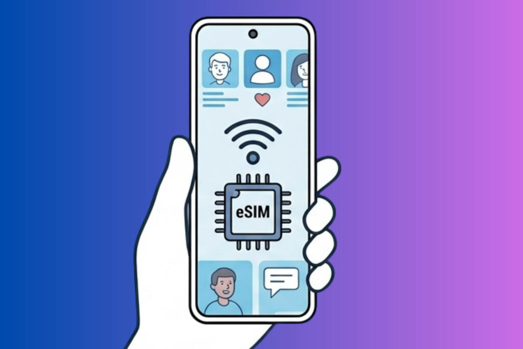 dessin qui représente la présence et la communication des eSIM sur les réseaux sociaux