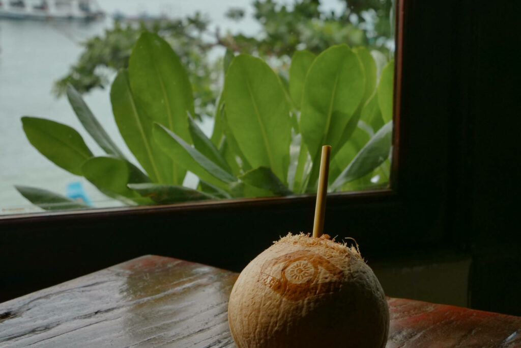noix de coco fraiche sur une table en bois avec vue sur la mer