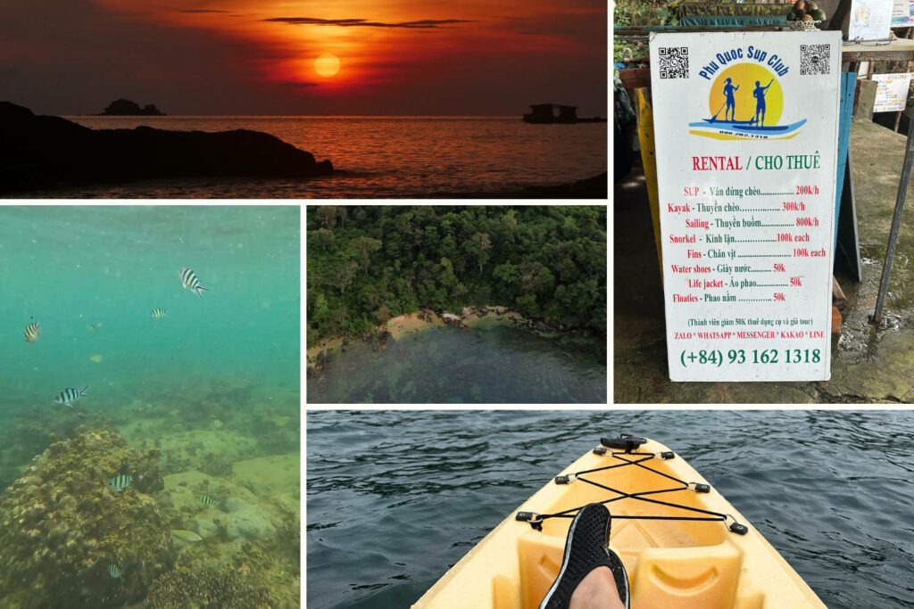 snorkeling au Nord de l'ile de Phu Quoc, kayaks, paysage et coucher de soleil