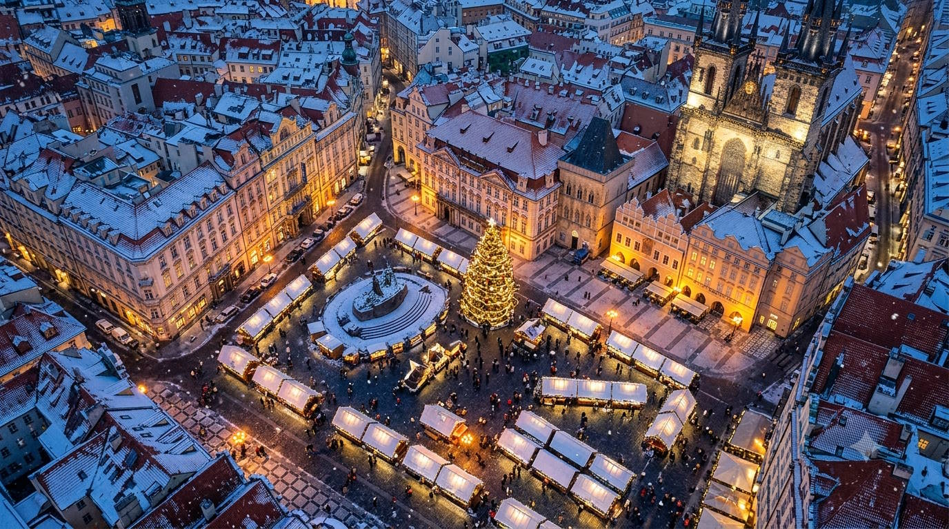 vue en contreplongée sur un marché de Noël, dans une grande ville européenne enneigée