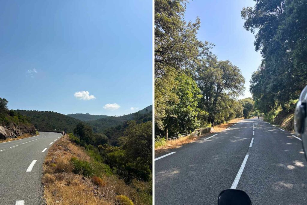 road trip en moto sur la DN7 entre Fréjus et Cannes, routes en virage avec vue sur les montagnes