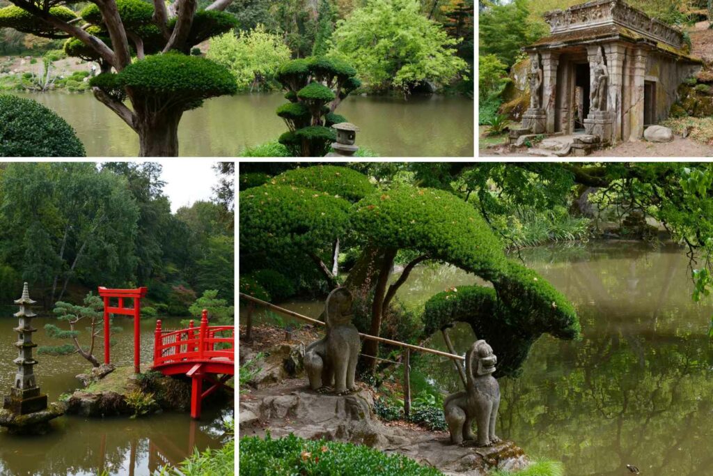 ambiance japonaise du parc: pont rouge, statues asiatiques, bonsaïs et temple